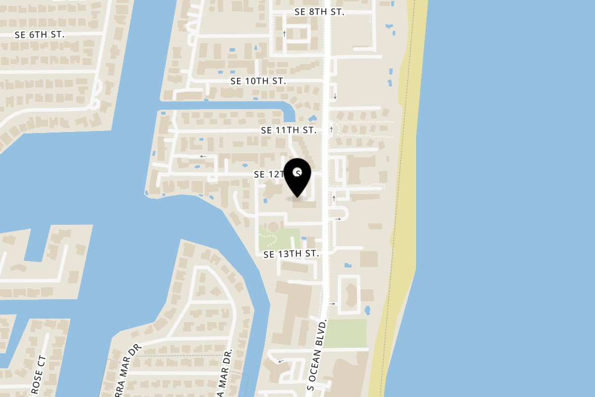 Map showing the location of Stinger's Bar & Grill on 1201 S Ocean Blvd in Pompano Beach
